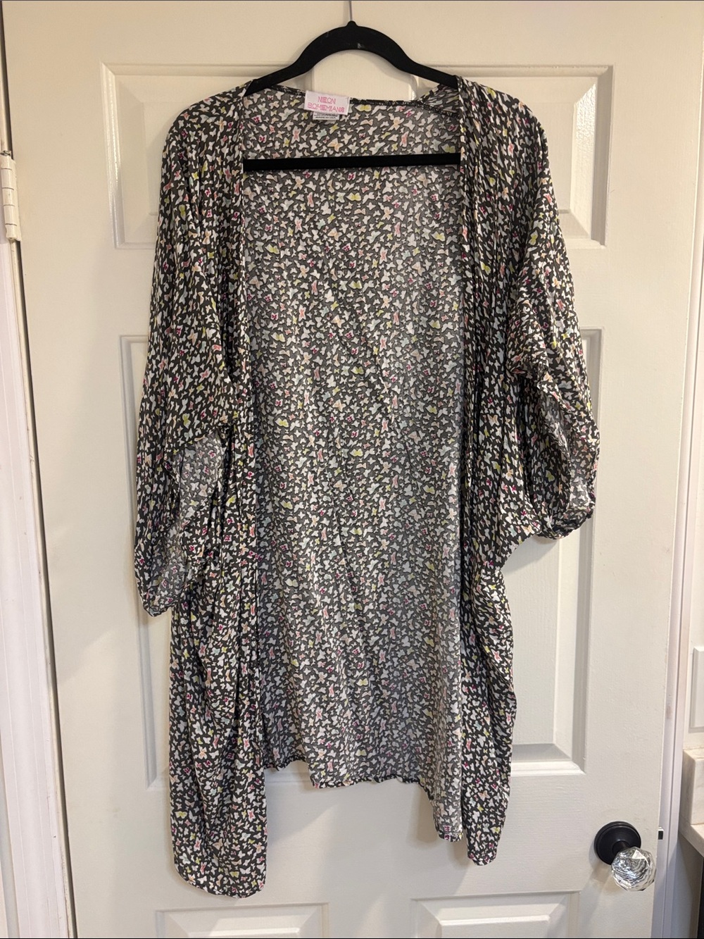 Lightweight Black Floral Kimono Robe with Pink & Cream Accents